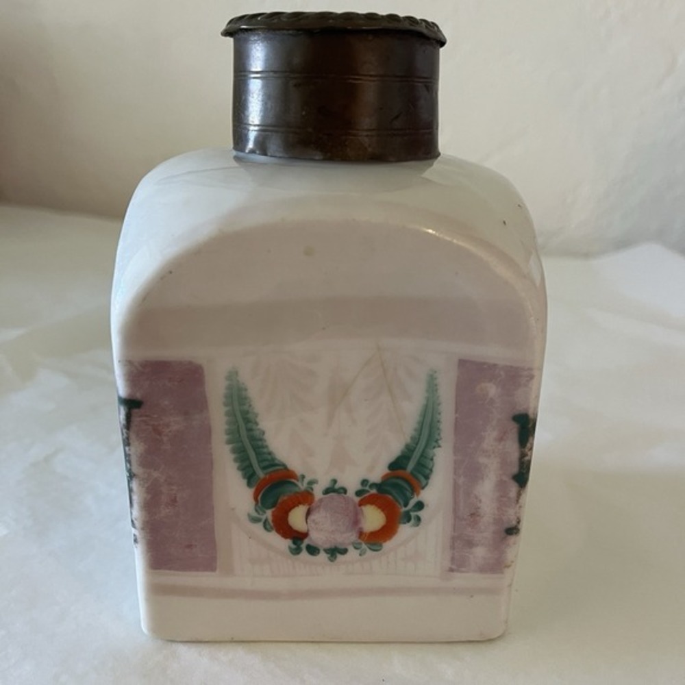 Antique‎ Porcelain Floral Square Tea Caddy Canister With Metal Lid